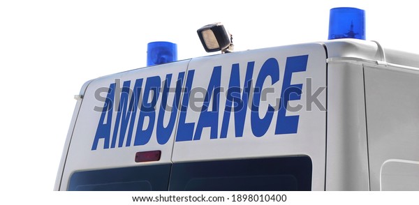 Paramedic Ambulance VAN\
Isolated On White Background. Close Up Of Emergency 911 Car Back\
View White Isolated.