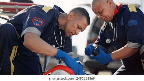 Paramedic, emergency and men with accident in road for first aid, resuscitation and rescue service. Medical crisis, healthcare and EMS responder with saving for car crash, help or patient assessment - Powered by Shutterstock