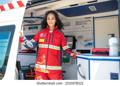 Paramedic Posing For The Camera In The EMS Vehicle