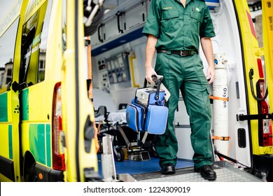 Paramedics at work with an ambulance