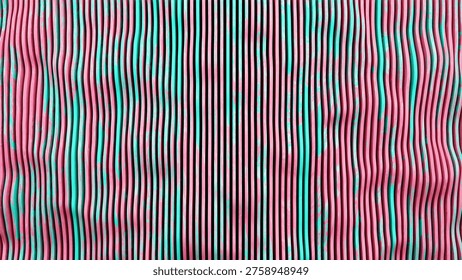 A parametric architectural surface features undulating vertical wood battens creating a fluid and organic rhythmic pattern. 3D rendered panel wall