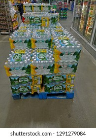 PARAMUS, NEW JERSEY/USA - OCTOBER 3, 2017: An Number Of Pallets Full Of Cases Of Poland Spring Natural Spring Water At BJ's Wholesale Club. Each Case Of Water Contains Forty 16.9 Ounce Bottles.