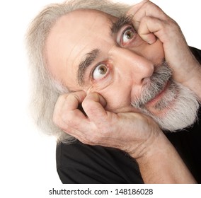 Paranoid European Man In Gray Beard Over Isolated Background