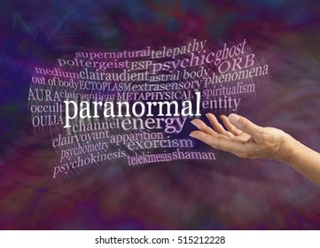 Paranormal Phenomena Word Cloud - female hand gesturing towards the word PARANORMAL surrounded by a moving word cloud on a dark energy formation background with copy space 