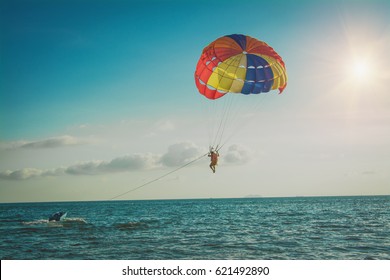 Parasailing At  Beach In Pattaya Thailand