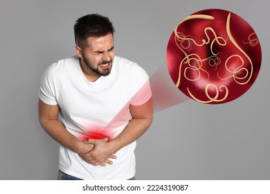 Parasites under microscope and man suffering from helminthiasis
