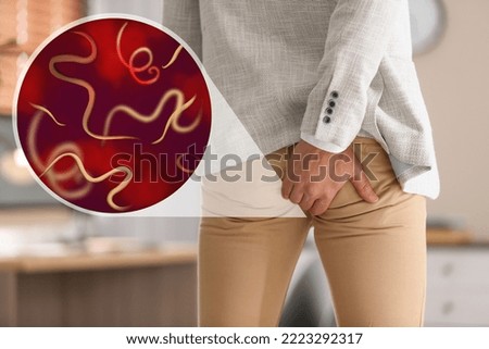 Parasites under microscope and man suffering from helminthiasis, closeup