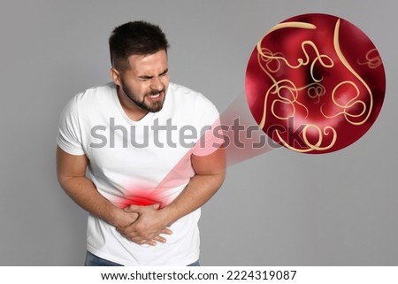 Parasites under microscope and man suffering from helminthiasis