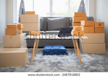 parcel boxes being packaged and ready to be sent to customers who have placed online orders within the online store's system. A small SME businessman has prepared the parcels and is ready for delivery