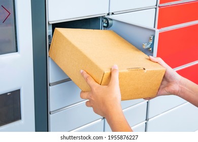 Parcel Delivery, Pickup Point With Lockers, Hand With Parcel, Contactless Pack Delivery