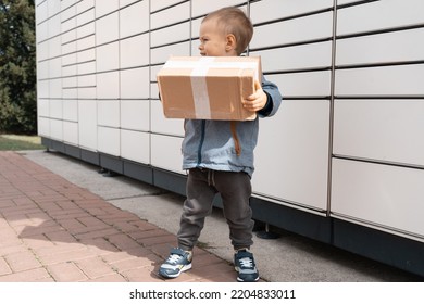 Parcel Delivery, Pickup Point With Lockers, Kid With Parcel, Contactless Pack Delivery. Child Parcel, Boy Using Self Service Parcel Terminal Machine To Send Or Receive Package.