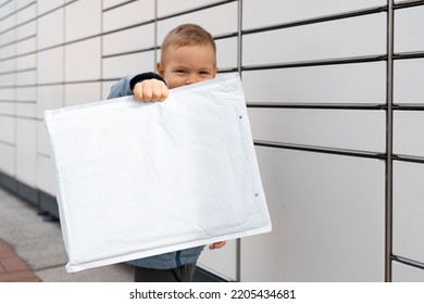 Parcel Delivery, Pickup Point With Lockers, Kid With Parcel, Contactless Pack Delivery. Child Parcel, Boy Using Self Service Parcel Terminal Machine To Send Or Receive Package.