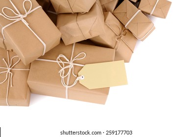 Parcel : Untidy Pile Of Brown Package, Label, Isolated