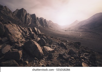Parched, rocky desert landscape in southern Morocco - Shutterstock ID 531018286