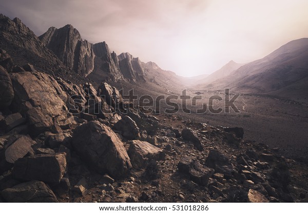 Parched, rocky\
desert landscape in southern\
Morocco