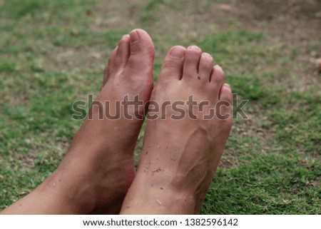 Parcially dirty feet of a young woman in the grass, after a full day walking through the park