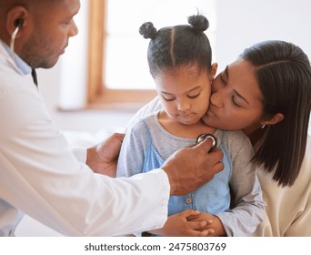 Parent, doctor and listen to heartbeat of little girl, healthcare and check breathing in home. Mother, child and stethoscope to test chest in hospital for consulting, cardiology and tool for lungs - Powered by Shutterstock