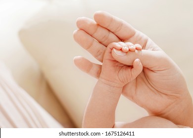 Parent Hands Holding Newborn Baby Fingers, Close Up Mother's Hand Holding Their New Born Baby. Love Family Healthcare And Medical Body Part.