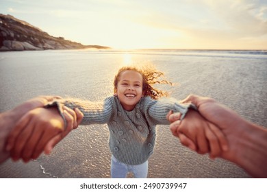 Parent, pov and girl with holding hands at beach for outdoor adventure, vacation and playful fun. Portrait, father and daughter with swing by ocean water for summer holiday, sunset and love in Cancun - Powered by Shutterstock