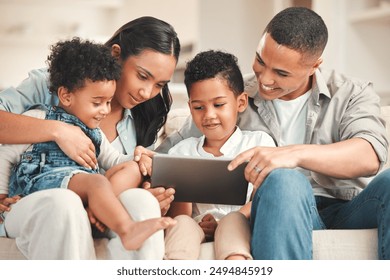 Parents, boy and happy with tablet in home on sofa on streaming website for educational games. People, family and kids with smile at lounge for bonding, support and teaching for child development - Powered by Shutterstock