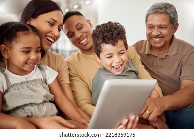 Parents, Children And Grandfather With Tablet On Sofa In House Or Family Home Living Room For Zoom Call, Internet Game Or Streaming. Smile, Happy And Bonding Woman, Men And Kids With Movie Technology