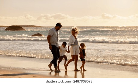 Parents, children and holding hands for sunset by ocean with waves, outdoor and connection on holiday. People, family and kids with care, love and bonding in nature for vacation at beach in Italy - Powered by Shutterstock