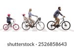 Parents with children riding bicycles on a street isolated on white background