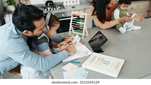 Parents, children and teaching with headphones for elearning, distance learning or virtual class in kitchen at home. Mother, father and kids or siblings for help, online lesson or homework at house - Powered by Shutterstock