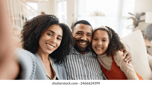 Parents, girl and selfie on sofa for portrait with love or care, relax and family bonding for memory or connection. Mom, dad and together in home for comfort or safety on weekend, hug and happiness. - Powered by Shutterstock