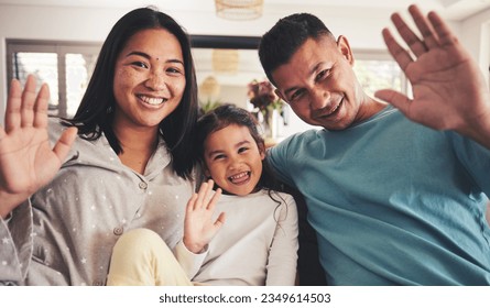 Parents, girl and wave in video call, portrait and smile for hello, contact and relax in family home. Asian father, mother and daughter with hand, sign language and greeting for respect in Jakarta - Powered by Shutterstock