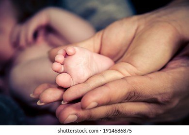 Parents Holding The Little Feet Of Their Newborn Baby.

