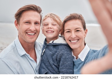 Parents, Kids And Beach Selfie Vacation, Family Holiday And Summer Sea Travel Together In Canada. Ocean, Relax And Portrait Photos With Smile Face, Love And Happy Mom, Dad And Young Boy Child Outdoor