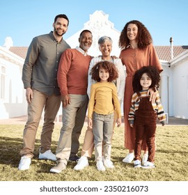 Parents, kids and grandparents in portrait, lawn and smile together with love, bonding and outdoor in sunshine. Mother, father and children in big family, happy and excited on grass, backyard or home - Shutterstock ID 2350216073