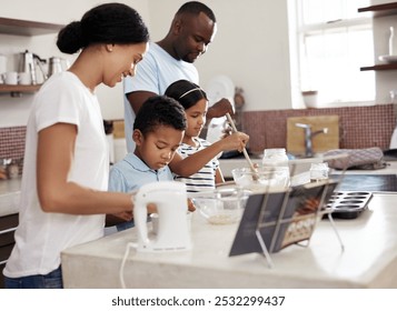 Parents, kids and help with baking in kitchen for support, bonding and child development or growth. People, interracial couple and family with smile at home for meal prep, cakes and cookies with fun - Powered by Shutterstock