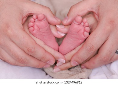 Parents Momthe Father Hands Supporting Newborn Premature Baby Feet