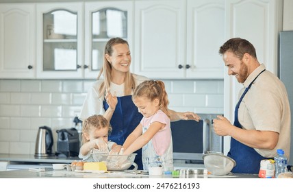 Parents, teaching or happy family baking with children in kitchen for child development to prepare cookies. Dad, mom or kid siblings learning recipe for bonding, cooking or dessert for love in home - Powered by Shutterstock