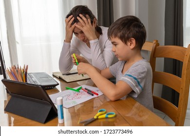 Parents Teaching Kids At Home, Home School Education, Mother Helping Her Son To Do Homework