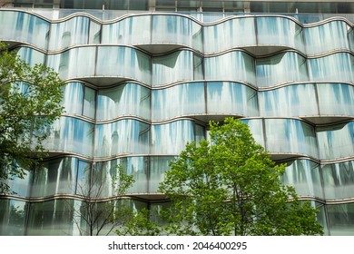 PARI, FRANCE - Aug 31, 2021: Glass Bands Exterior Of The Iconic Hotel Renaissance In Avenue de Wagram, Paris, France  low angle 