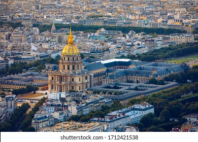 Paris aerial with Les Invalides, France. Twilight aerial view of Paris, France from Montparnasse Tower with Les Invalides building. Beautiful Les Invalides in Paris, France