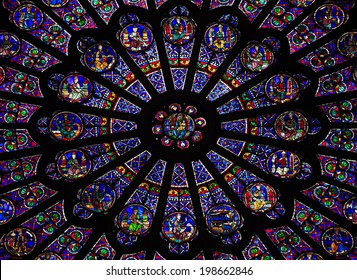 PARIS - APRIL 23: The North Rose window at Notre Dame cathedral dates from 1250 and is also 12.9 meters in diameter. Its main theme is the Old Testament. Shot in in Paris, April 23, 2014.