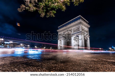 Image, Stock Photo Arc de triomphe in Paris with blue sky at night