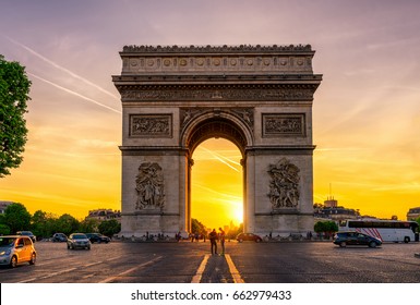 Paris Arc De Triomphe (Triumphal Arch) In Chaps Elysees At Sunset, Paris, France. Architecture And Landmarks Of Paris. Postcard Of Paris