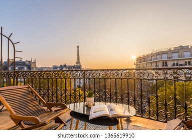 Paris Balcony With Splendid View On Eiffel Tower At Sunset