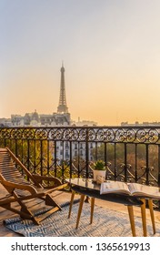 Paris Balcony With Splendid View On Eiffel Tower At Sunset