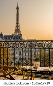 Paris Balcony With Splendid View On Eiffel Tower At Sunset