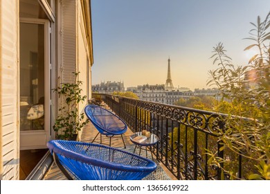 Paris Balcony With Splendid View On Eiffel Tower At Sunset