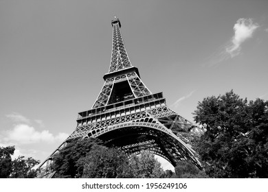 Paris black and white. Paris, France - Eiffel Tower seen from the park. UNESCO World Heritage Site.