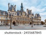 Paris City Hall building on Hotel de Ville square with nobody. French architecture. Historical building in Paris, France. Travel and touristic landmark