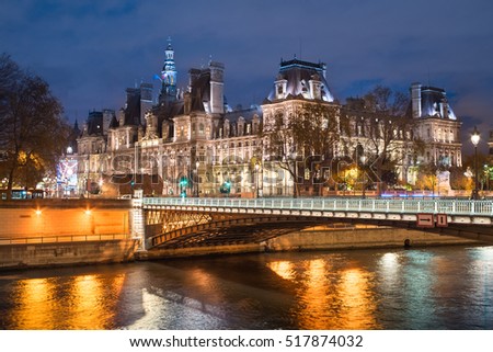Paris City Halll (Hotel de Ville) at dusk. It was constructed in 1874 - 1882 by architects Theodore Ballou and Edouard Deperta. 