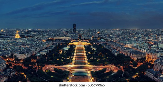 Paris City Skyline Rooftop View At Night, France.